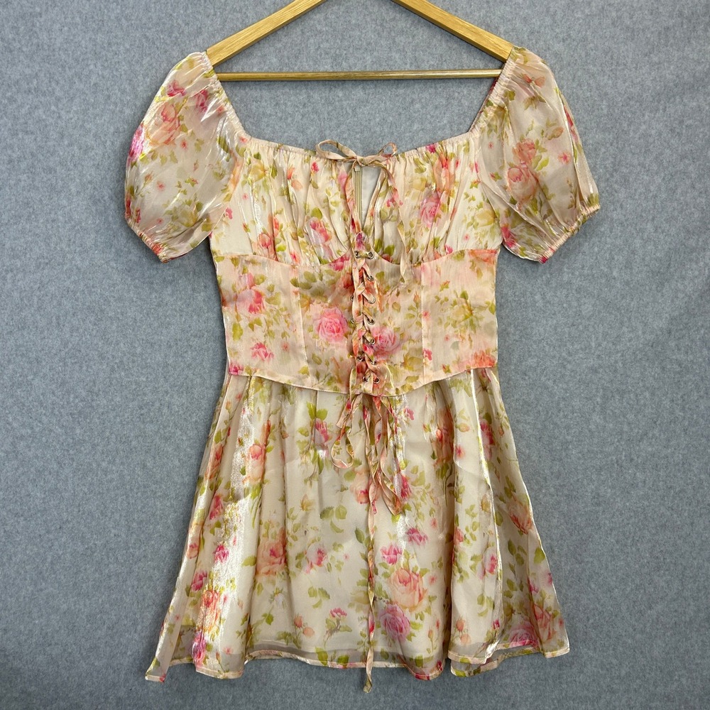 Cider Floral Lace Up Corset Dress Milkmaid Shimmer Cottagecore Garden Size Small
